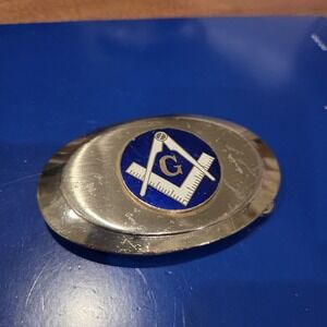 Masonic Freemason Blue Enamel Square and Compass Belt Buckle Gold Tone